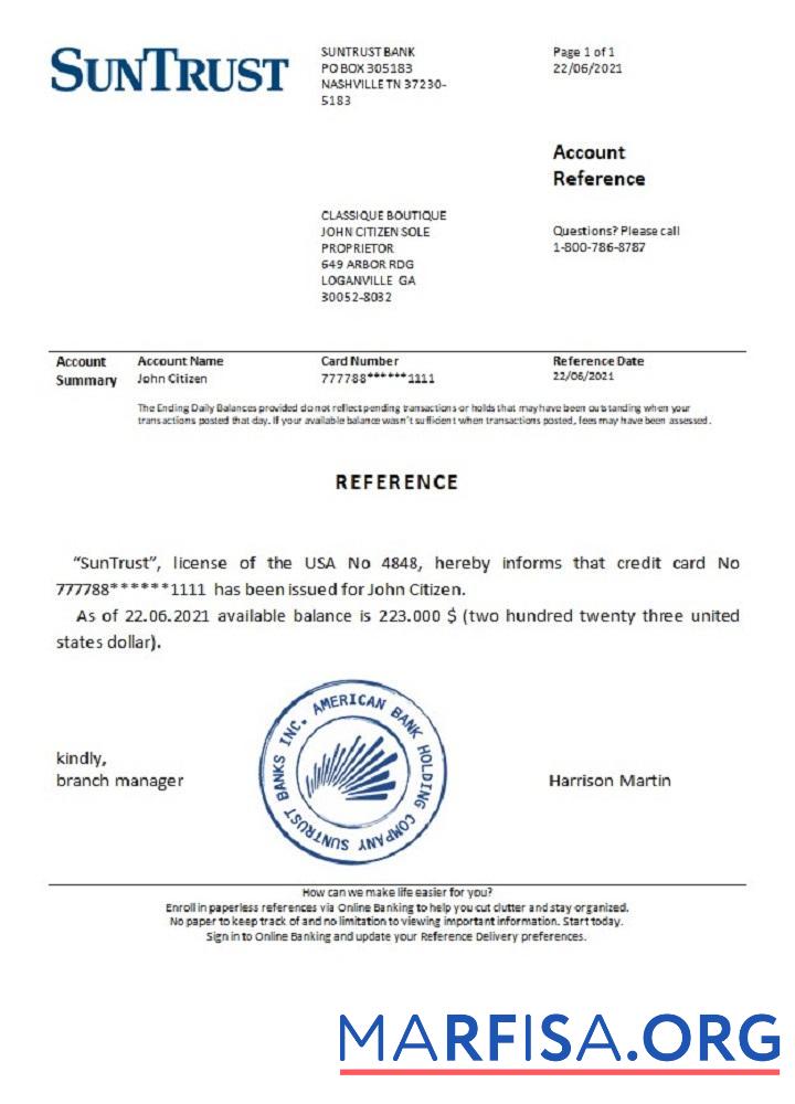 Blank USA Suntrust reference download for verification